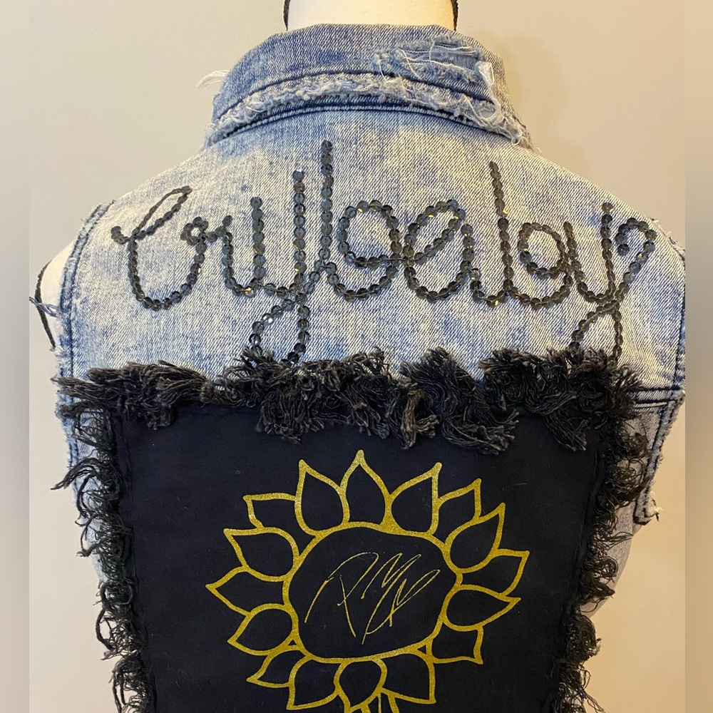 Denim Vest Distressed Upcycled - crybaby on back Size S Streetwear Grunge Artsy